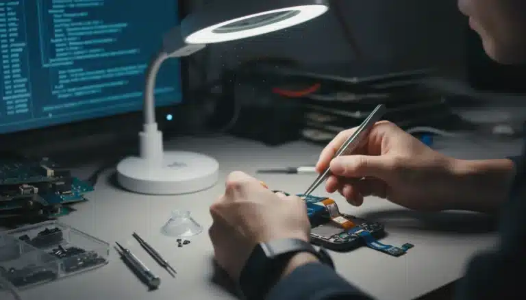 Person repairing a smartphone with precision tools, symbolizing the right to repair electronics.