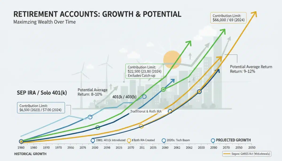 Chart showing growth of diversified retirement investments and 2026 contribution limits.