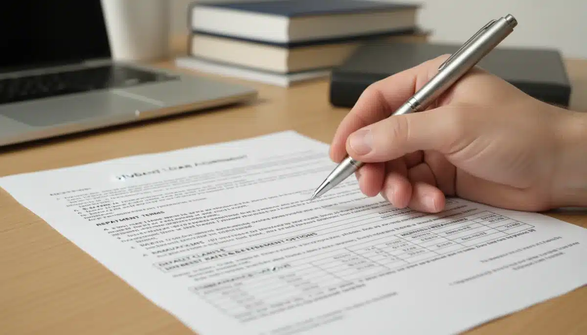 Hand reviewing detailed student loan repayment document