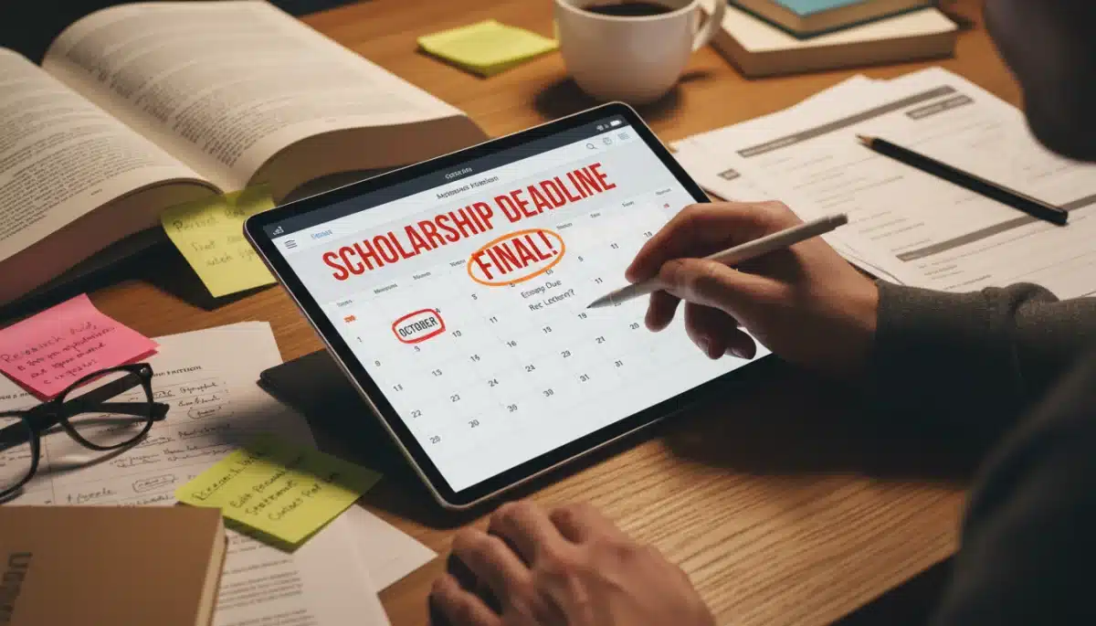 Hand highlighting a January 2026 scholarship application deadline on a digital calendar.
