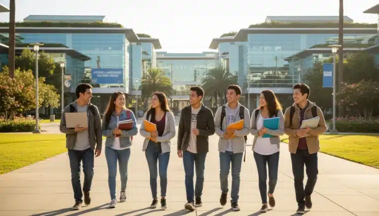 Students walking on a modern university campus, representing affordable education