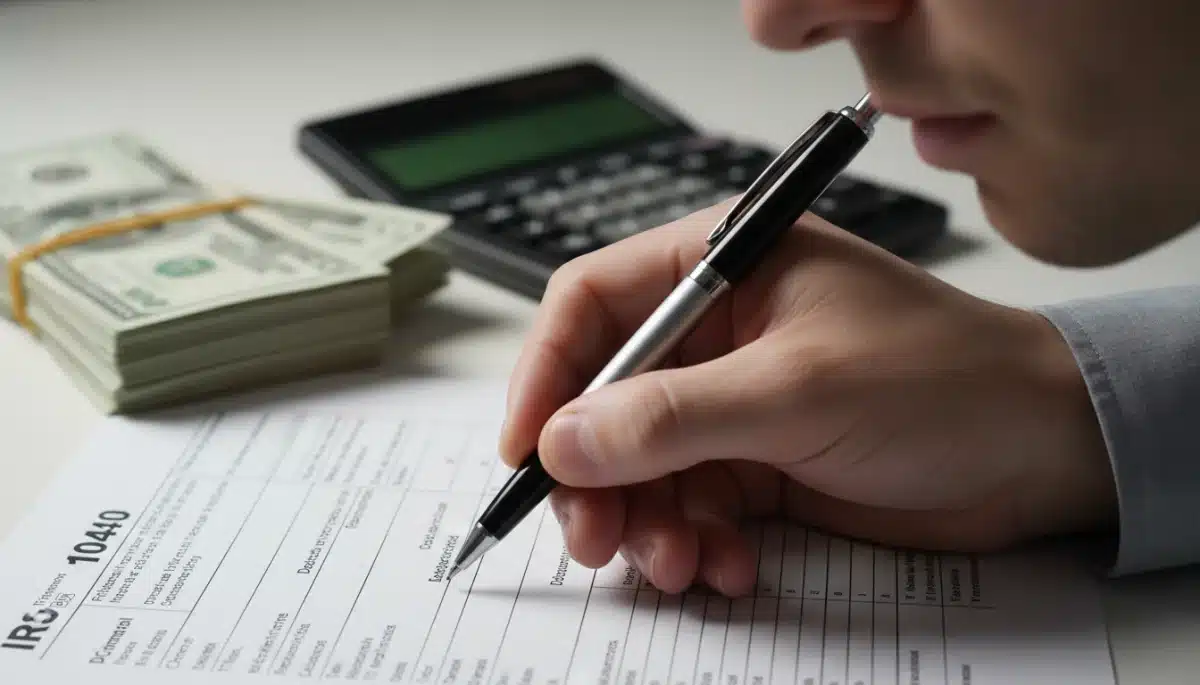 Person calculating tax deductions with a pen and calculator