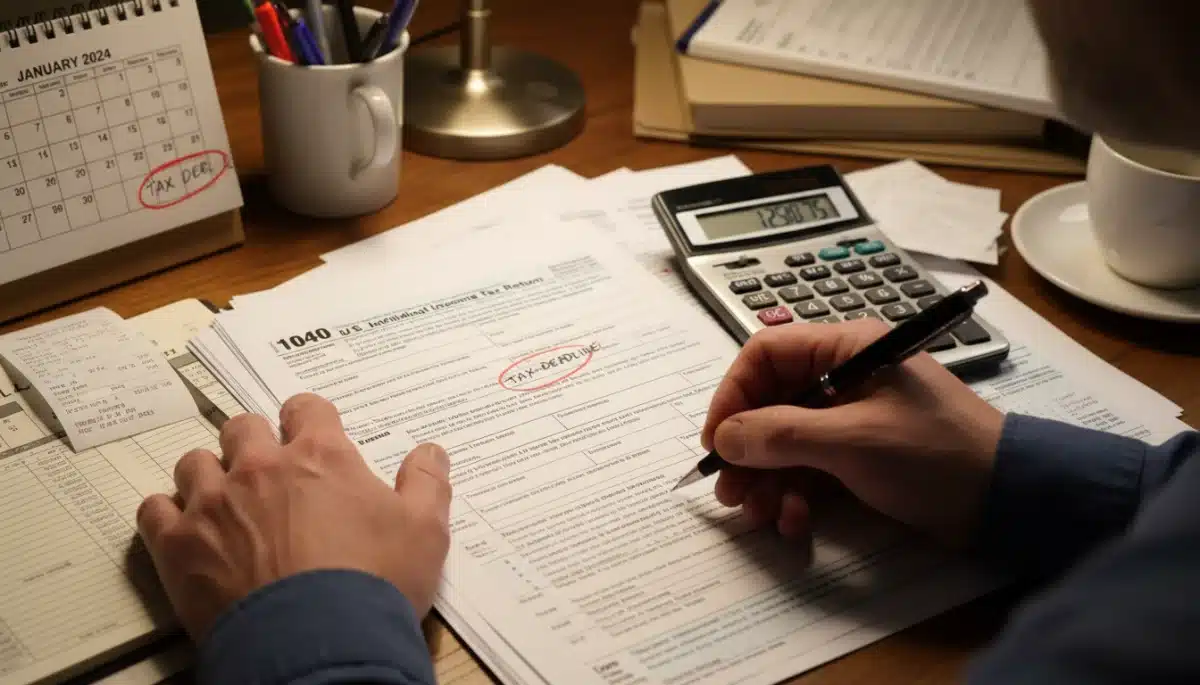 Hands filling out tax forms with a pen and calculator, highlighting the January deadline