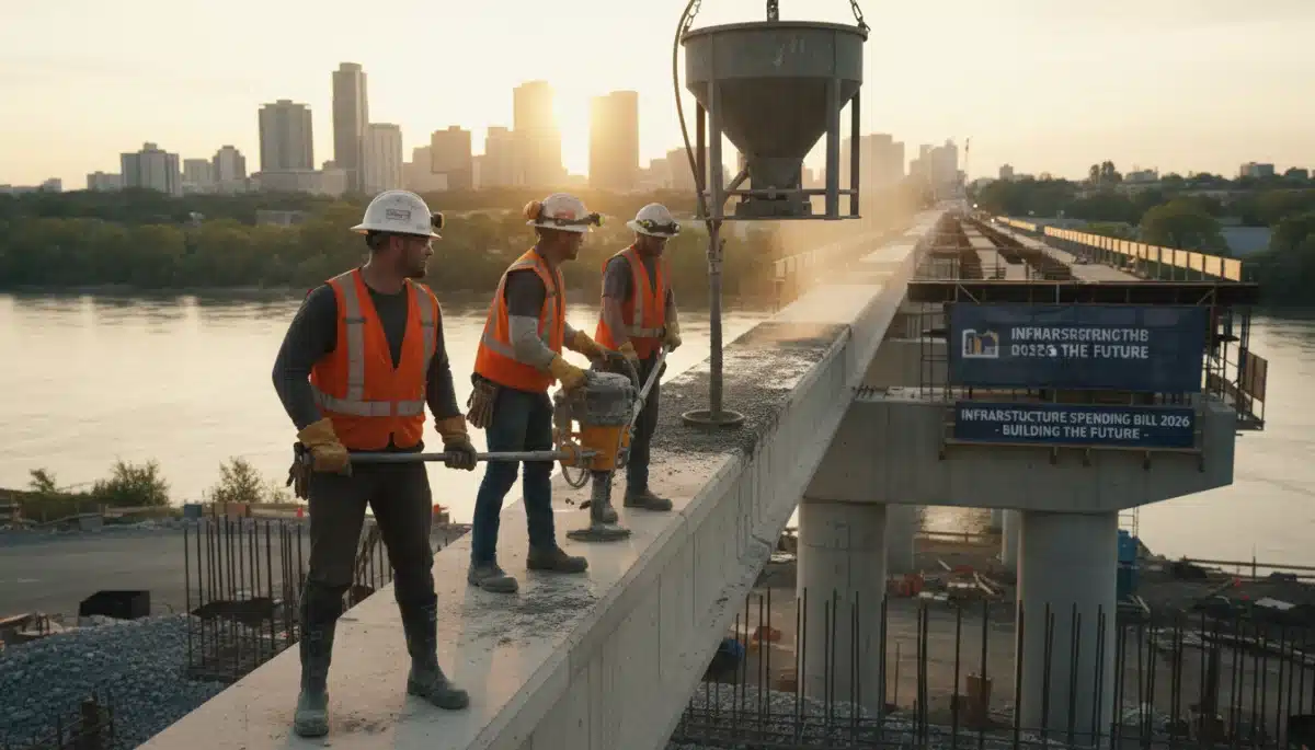 Construction workers operating heavy machinery on a new bridge construction site, demonstrating infrastructure development.
