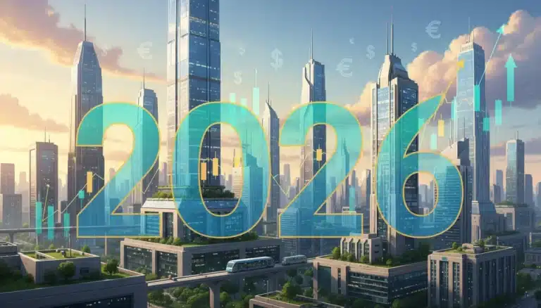 Skyline of a modern city with '2026' overlay, representing real estate market forecast and investment