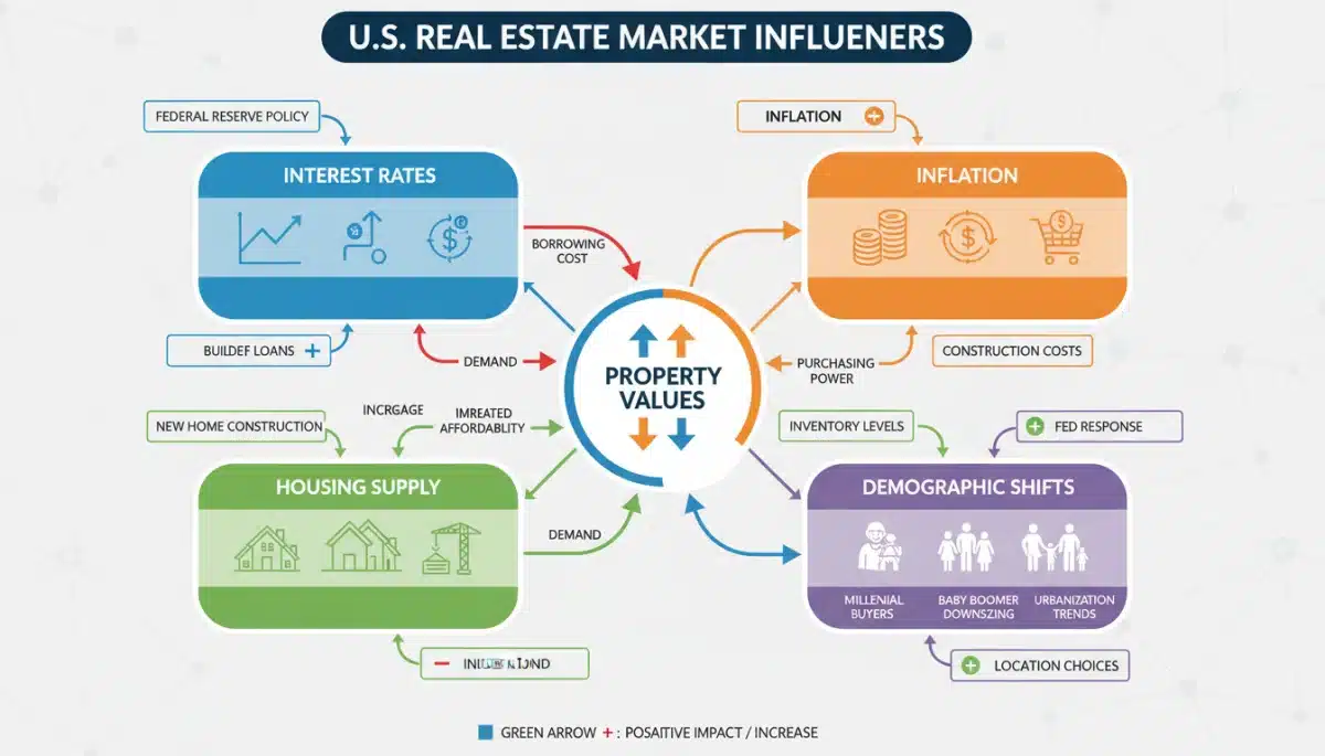 Infographic showing economic factors influencing U.S. real estate market, including interest rates and housing supply