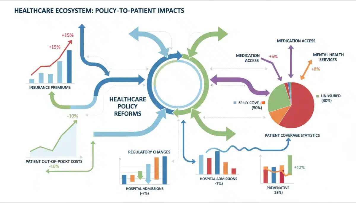 Infographic showing complex relationships between healthcare policy, insurance premiums, and patient coverage.