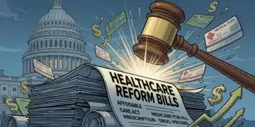 Gavel on healthcare reform bills with Capitol background, symbolizing legislative action and financial impact on insurance.