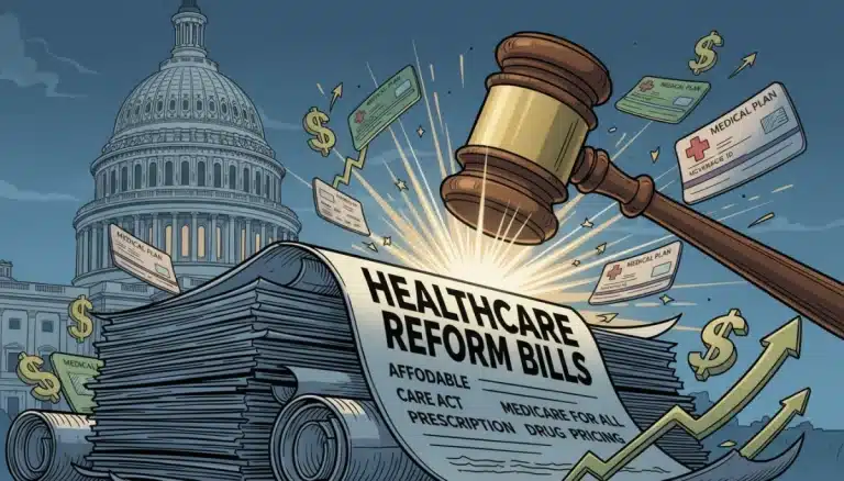 Gavel on healthcare reform bills with Capitol background, symbolizing legislative action and financial impact on insurance.