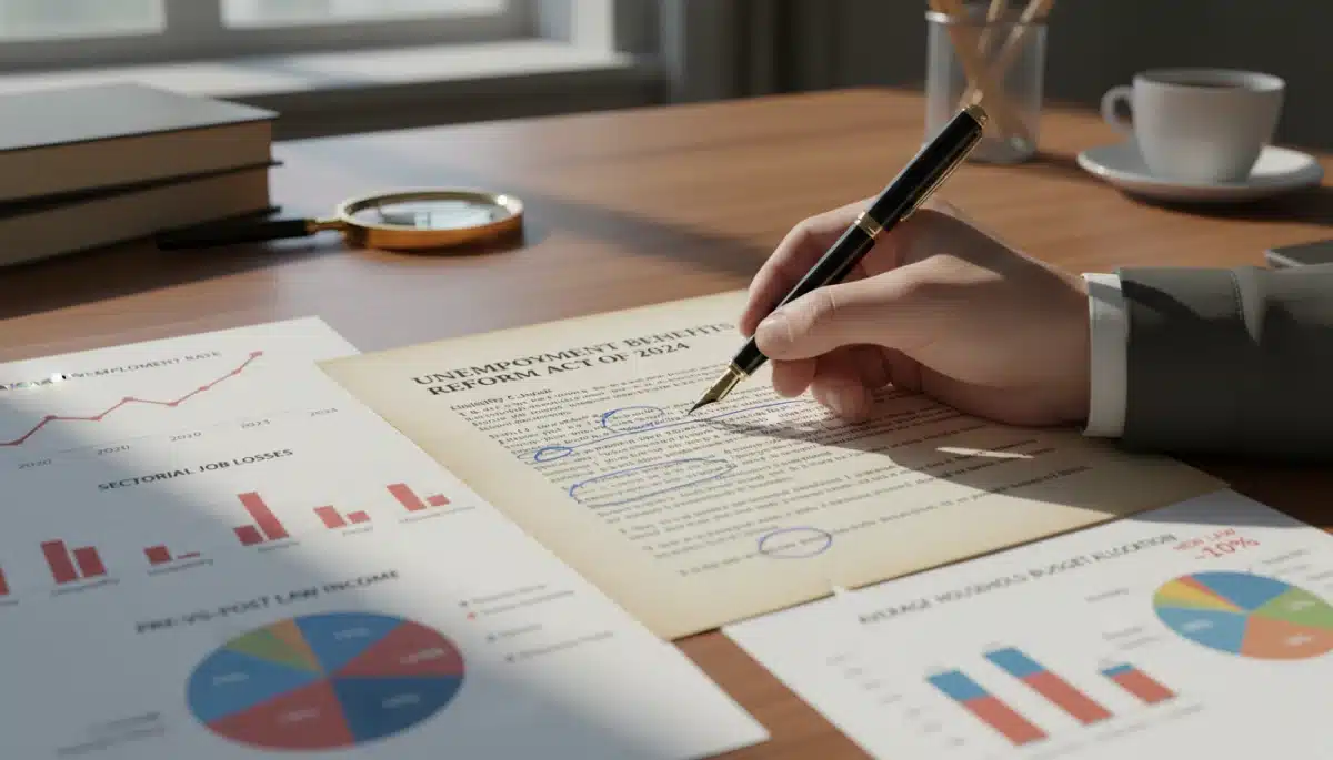 Hand highlighting key sections of 2026 unemployment benefits legislation