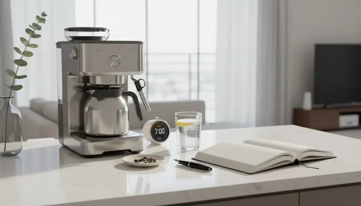 Organized kitchen counter with coffee and journal for morning preparation
