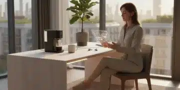 Refreshed person starting an optimized morning routine in a modern, sunlit home office in 2026