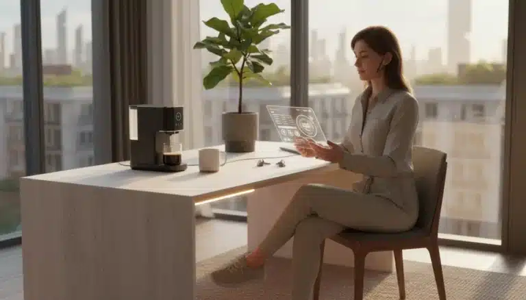 Refreshed person starting an optimized morning routine in a modern, sunlit home office in 2026