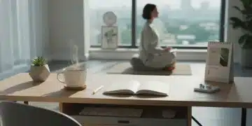 Decluttering Your Mind for 2026: Daily Habits to Reduce Stress Organized desk with person meditating for mental clarity and stress reduction