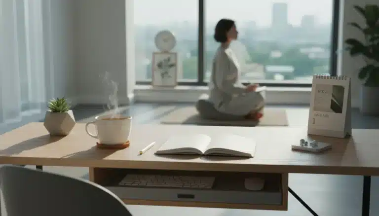 Organized desk with person meditating for mental clarity and stress reduction