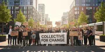 Diverse renters advocating for housing rights and fair eviction notice periods in a city setting.