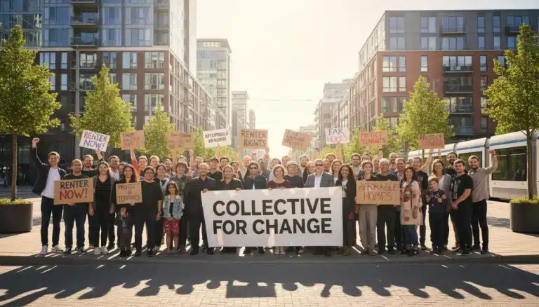 Diverse renters advocating for housing rights and fair eviction notice periods in a city setting.