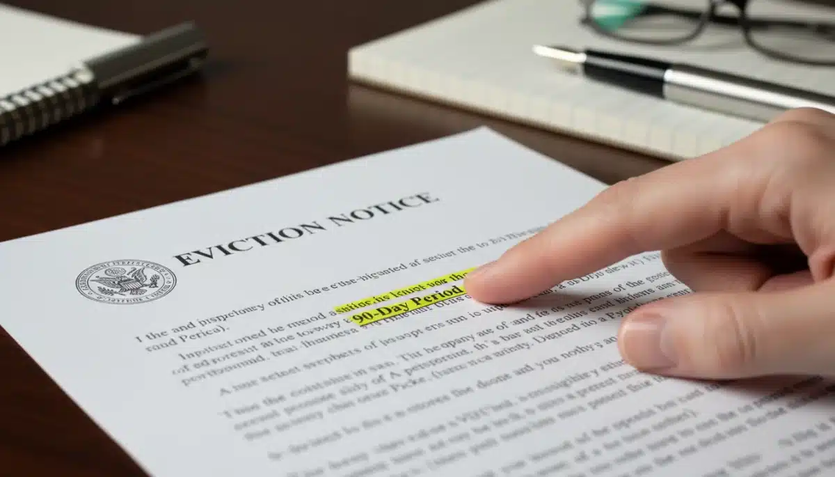 Close-up of a 90-day eviction notice document being reviewed, highlighting key legal requirements for tenants.