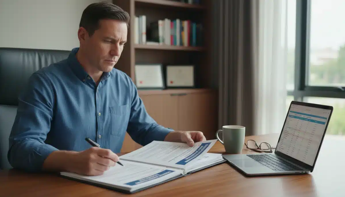 Individual carefully reviewing Medicare Advantage plan documents for 2026 enrollment.