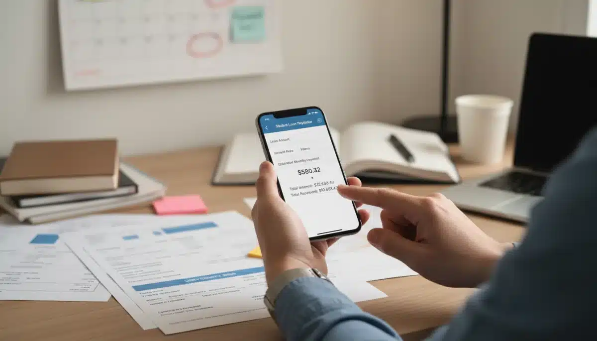 Person calculating student loan payments with a financial app