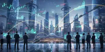 2026 Fiscal Policy: Impact on U.S. Economy & Your Investments Futuristic cityscape with economic data overlays, symbolizing 2026 fiscal policy impact on U.S. economic growth and investments.