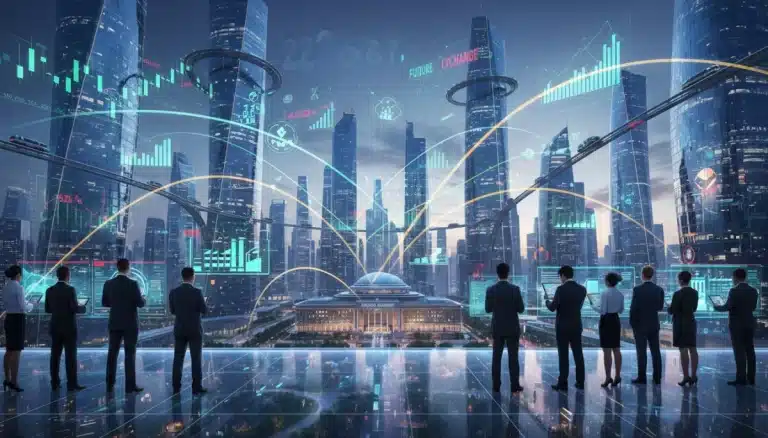Futuristic cityscape with economic data overlays, symbolizing 2026 fiscal policy impact on U.S. economic growth and investments.