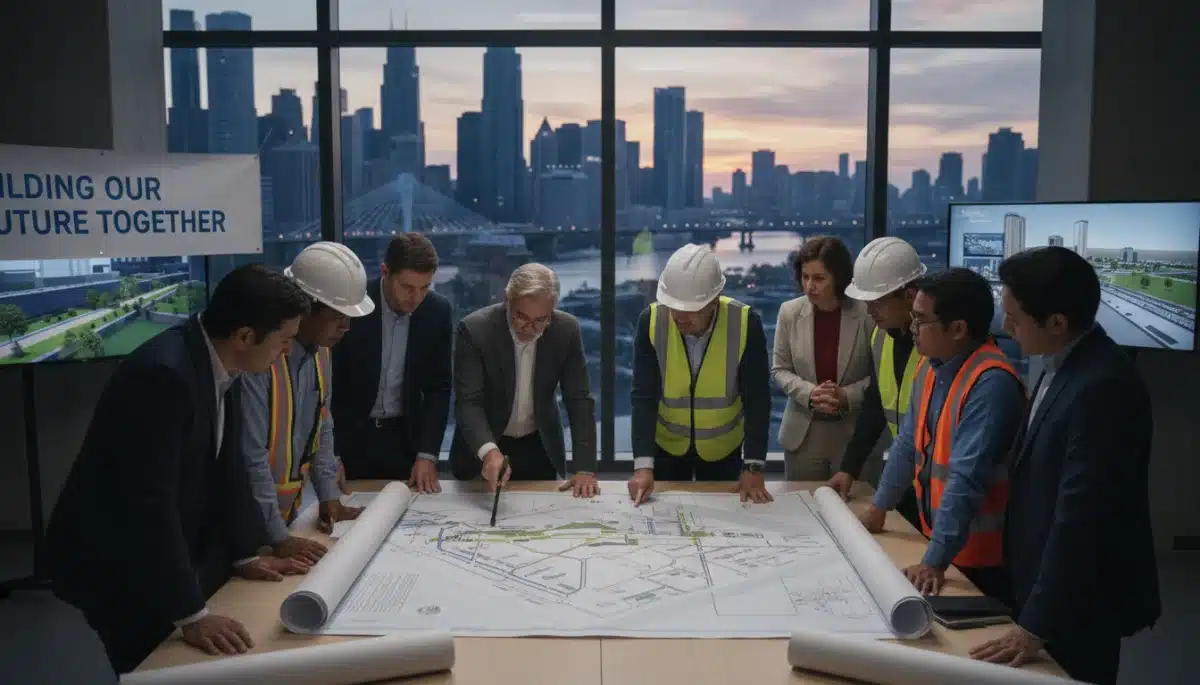 Community leaders and engineers planning public transportation project