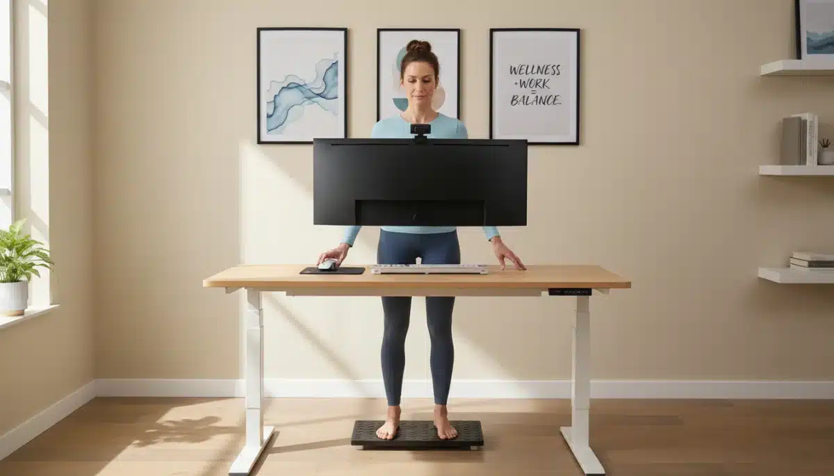 Proper ergonomic posture at a standing desk, demonstrating healthy work habits