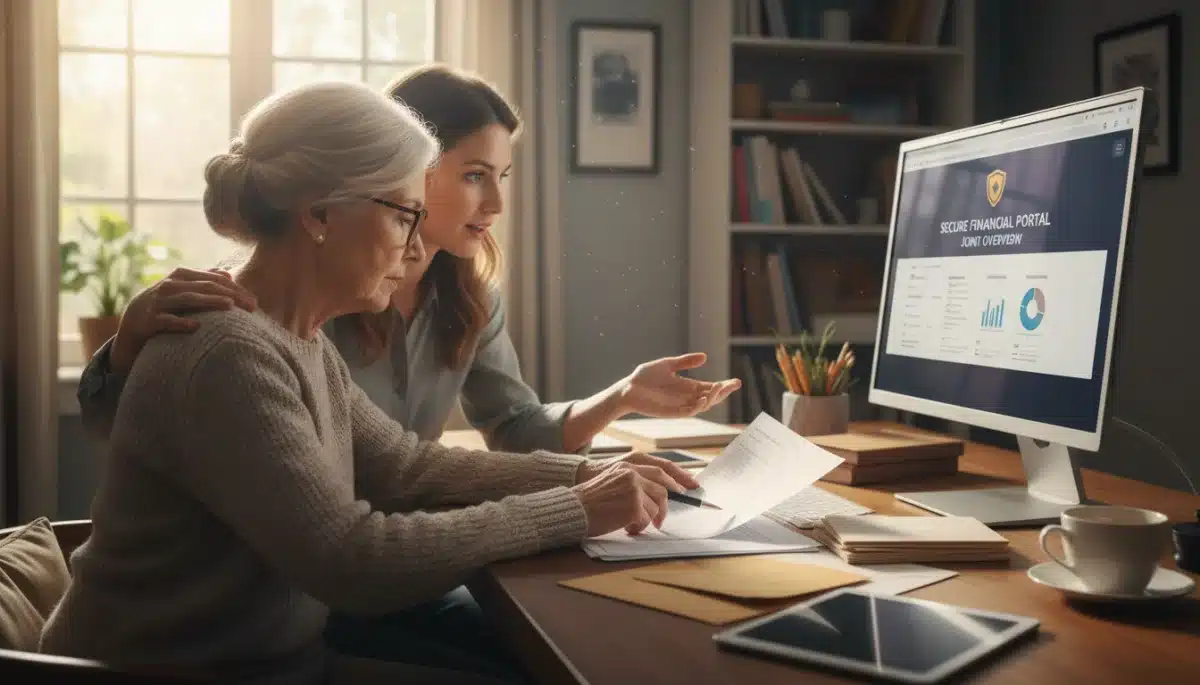 Elderly woman reviewing financial statements with a trusted advisor