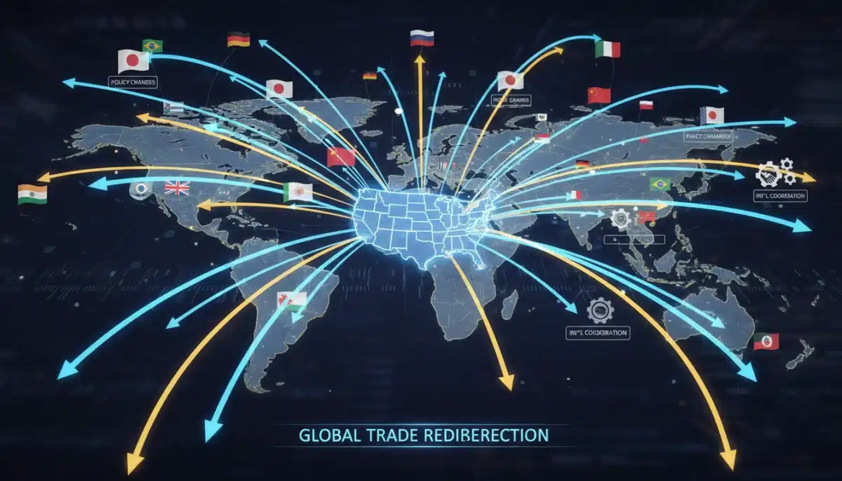 Global trade routes converging on the US, illustrating shifting policies and international economic dynamics.