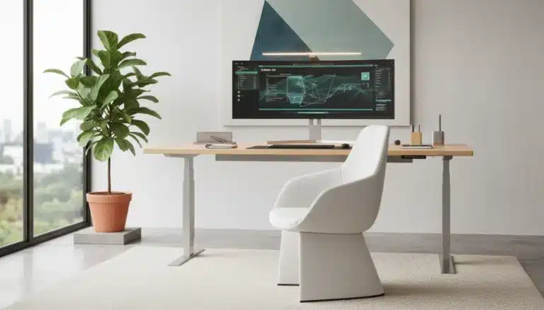 Modern ergonomic home office setup with organized desk and smart technology