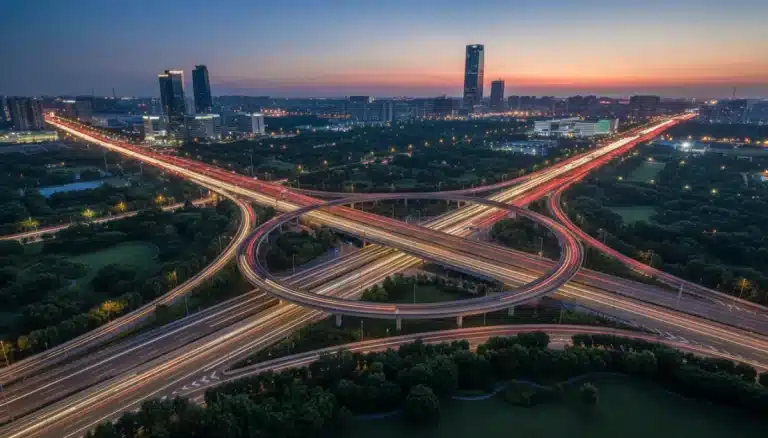 Modern highway interchange at dusk symbolizing federal infrastructure funding