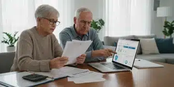 Senior couple reviewing Medicare Part B premium documents on a laptop