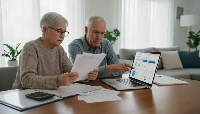 Senior couple reviewing Medicare Part B premium documents on a laptop