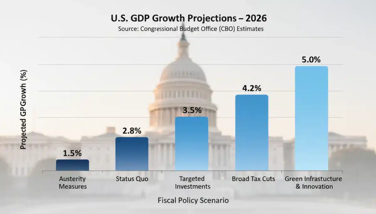Bar chart illustrating projected U.S. GDP growth under various 2026 fiscal policy scenarios, highlighting economic trends.